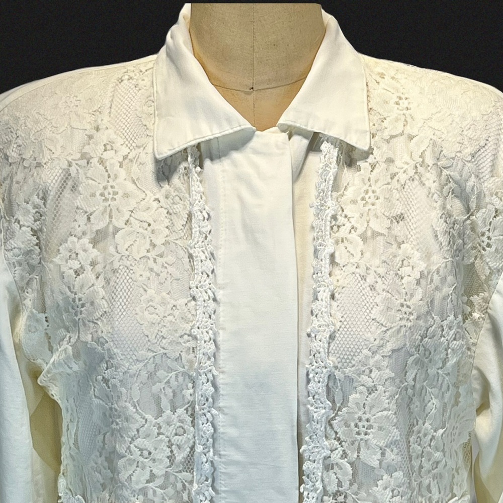 VINTAGE 80s white lace fancy button down shirt blouse Victorian coquette frilly‎